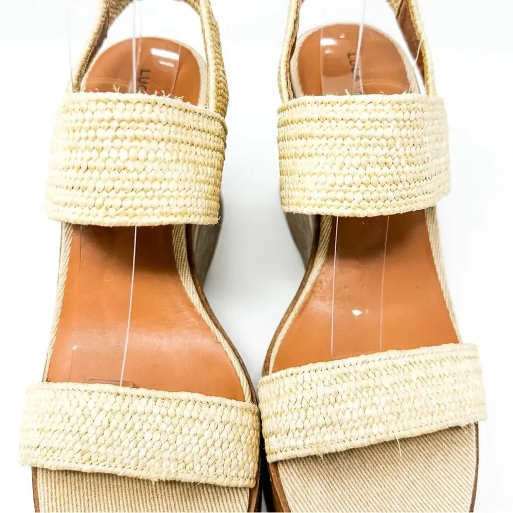 NEW Lucky Brand Delukah Ankle Strap Wedge Slingback Sandals, Size 9.5, MSRP $99